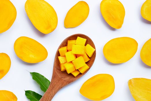Tropical fruit, Mango slices on white background. Top view