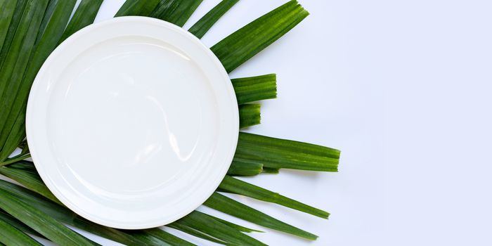 Empty white ceramic plate on tropical palm leaves on white background. Top view