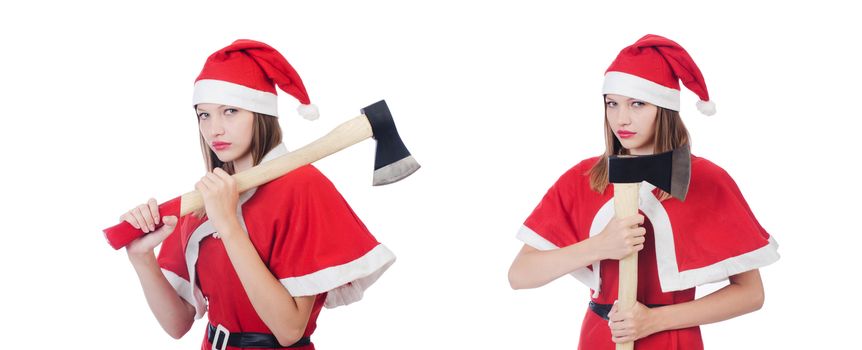 Young woman in red santa costume on white