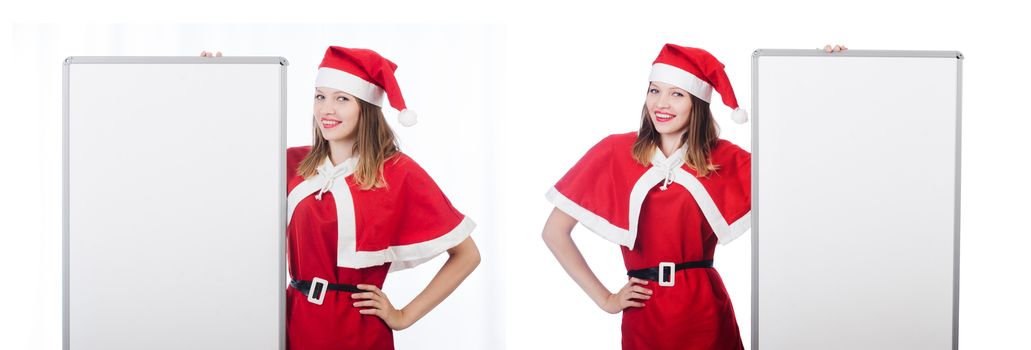 Young woman in red santa costume on white