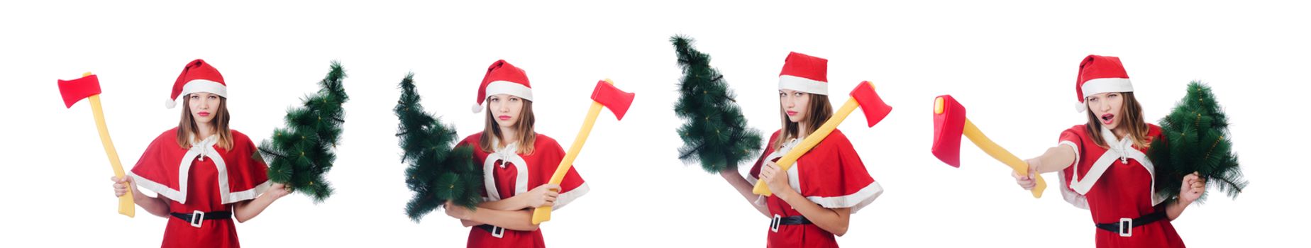 Young woman in red santa costume on white