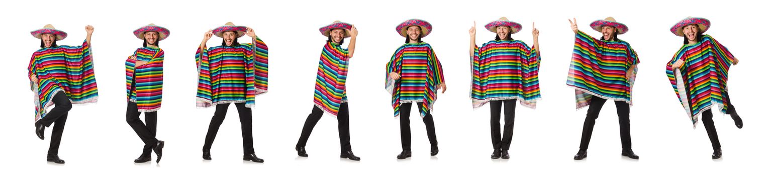 Handsome man in vivid poncho isolated on white