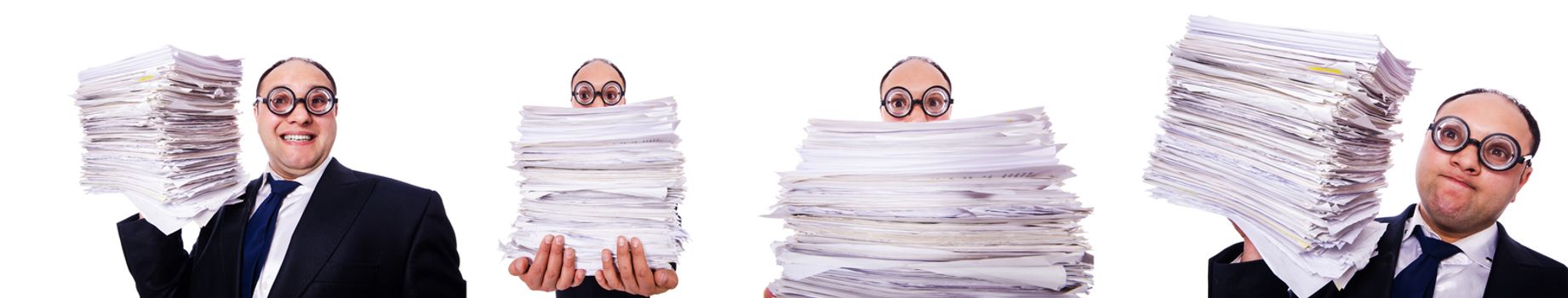 Funny man with lots of folders on white