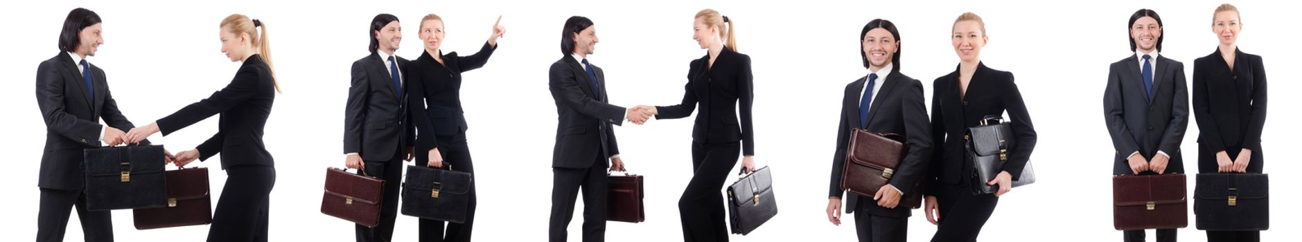 Businessman and businesswoman with briefcases isolated on white