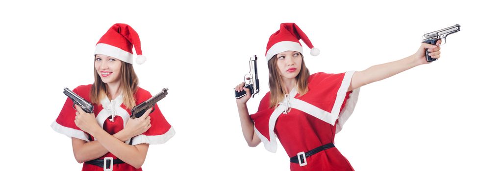 Young woman in red santa costume on white