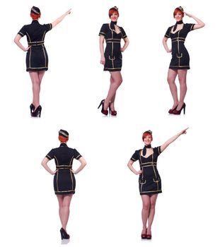 Stewardess pressing virtual buttons in the air