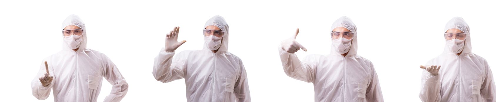 Man in protective suit isolated on white background
