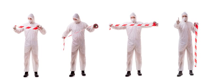 Forensic specialist in protective suit isolated on white