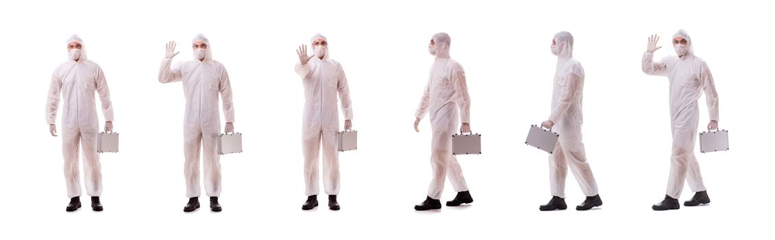 Criminologist in protective suit with steel case
