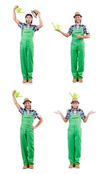 Young cheerful gardener with watering can isolated on white