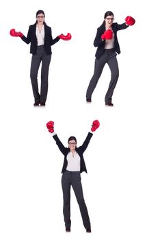Young boxing businesswoman isolated on white