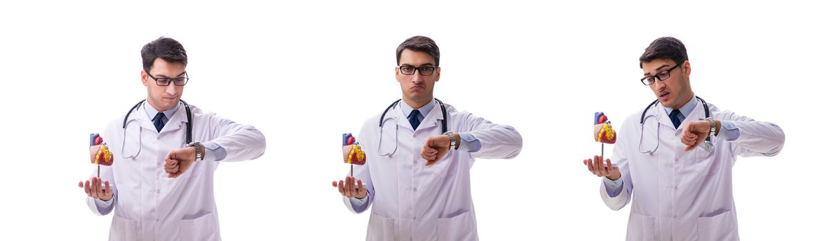 Young doctor with heart shape isolated on white