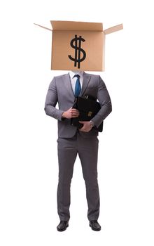 Businessman with dollar box on his head