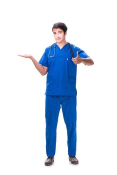Young male doctor isolated on white background