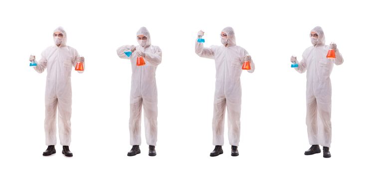 Chemist working with poisonous substances isolated on white background