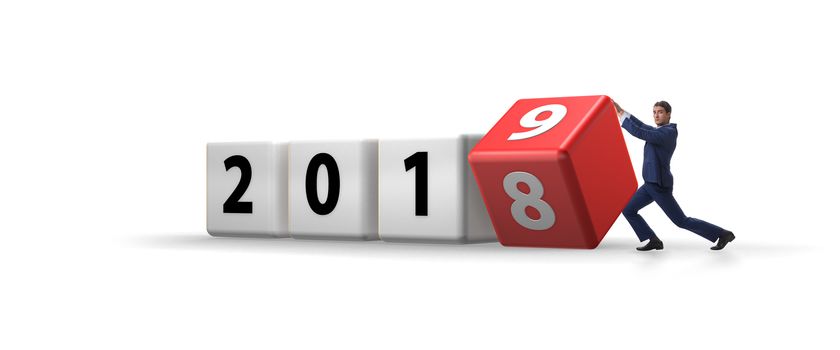 Businessman employee rotating cube to reveal number 2019