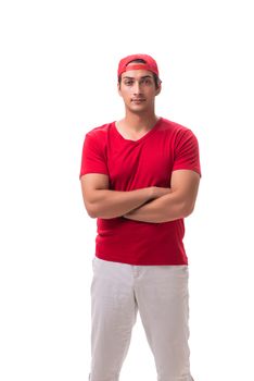 Handsome contractor holding fragile box isolated on white 