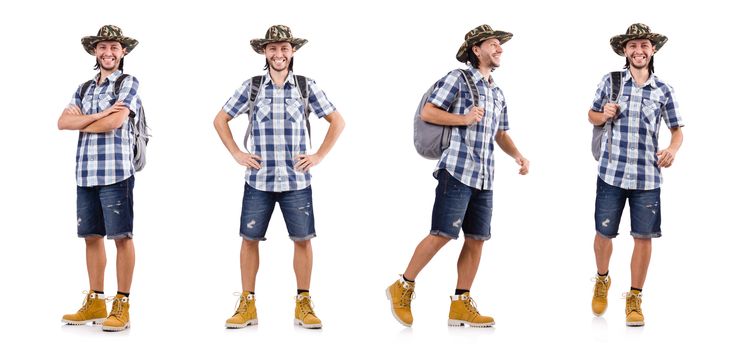 Young traveler with rucksack isolated on white
