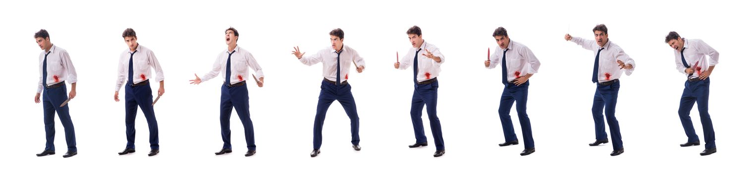 Wounded businessman with blood stains isolated on white background