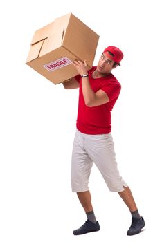 Handsome contractor holding fragile box isolated on white 