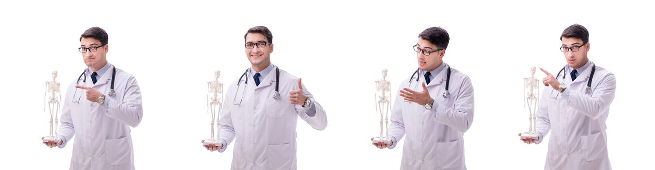 Young male doctor with skeleton isolated on white