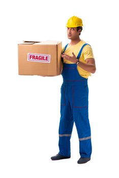 Young contractor with fragile boxes isolated on white