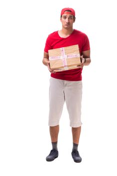 Handsome contractor holding fragile box isolated on white 