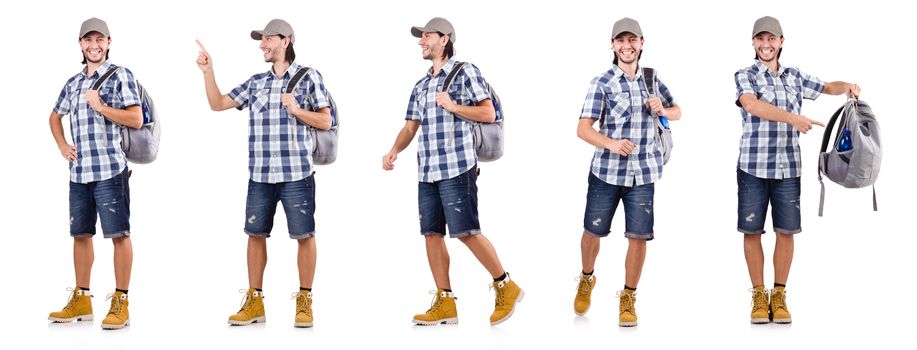 Young traveler with rucksack isolated on white