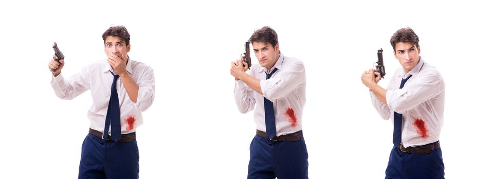 Businessman wounded in gun fight isolated on white