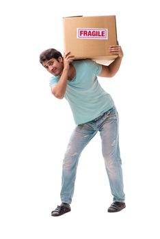 Young handsome man with fragile box ordered from Internet 