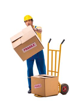 Young contractor with fragile boxes isolated on white