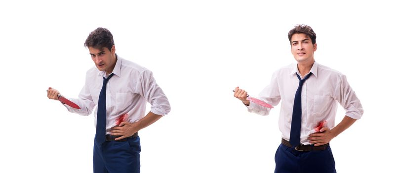 Wounded businessman with blood stains isolated on white background