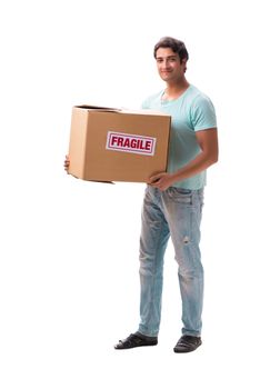 Young handsome man with fragile box ordered from Internet 