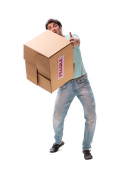 Young handsome man with fragile box ordered from Internet 