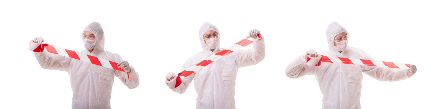 Forensic specialist in protective suit isolated on white
