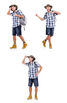 Young traveler with rucksack isolated on white
