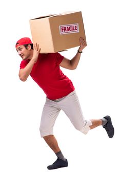 Handsome contractor holding fragile box isolated on white 