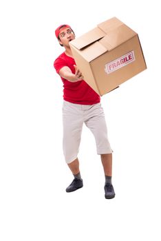 Handsome contractor holding fragile box isolated on white 