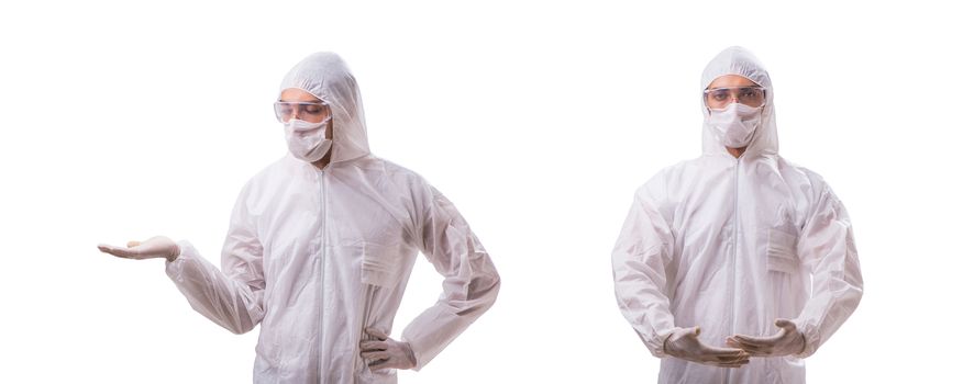 Man in protective suit isolated on white background