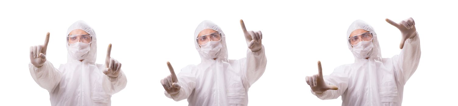Man in protective suit isolated on white background