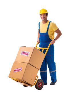 Young contractor with fragile boxes isolated on white