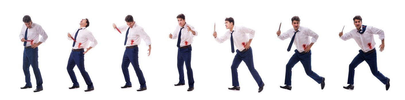Wounded businessman with blood stains isolated on white background