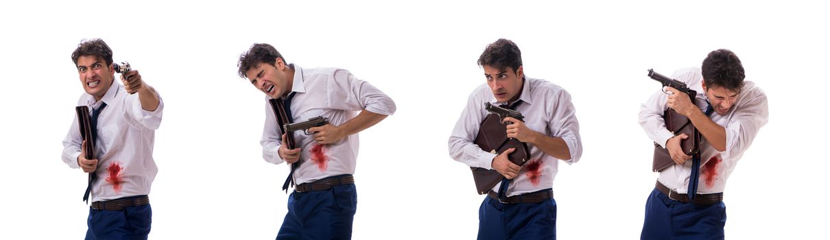 Businessman wounded in gun fight isolated on white