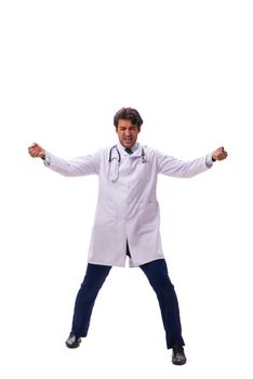 Young handsome doctor under pressure isolated on white