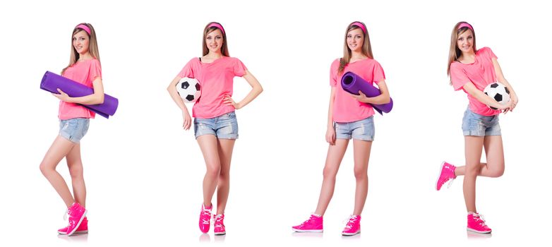 Young woman doing exercises on white