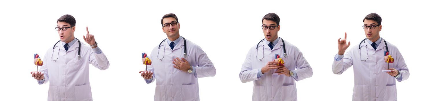 Young doctor with heart shape isolated on white