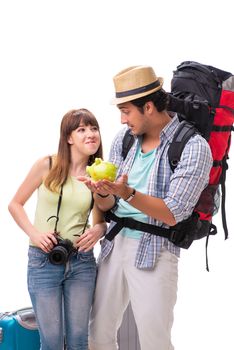 Young family preparing for vacation travel on white