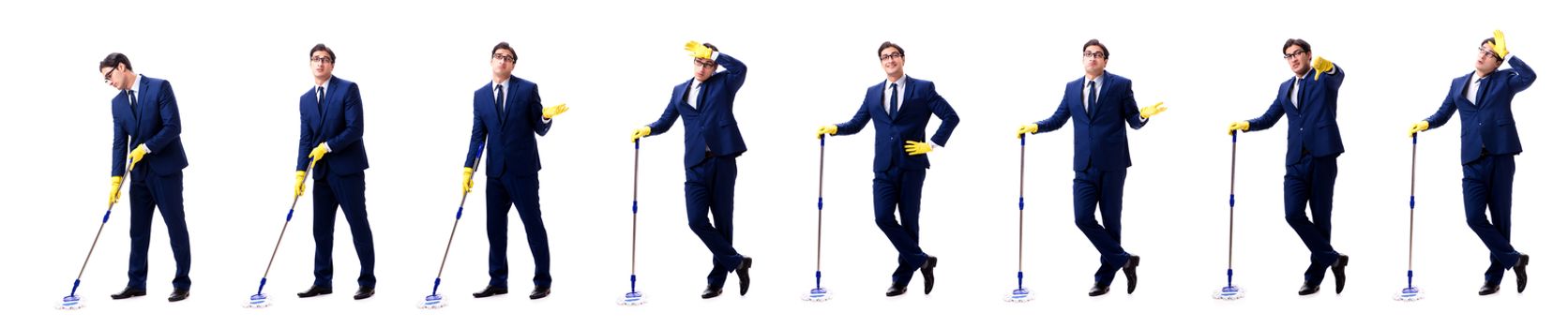 Young handsome businessman with mop isolated on white 