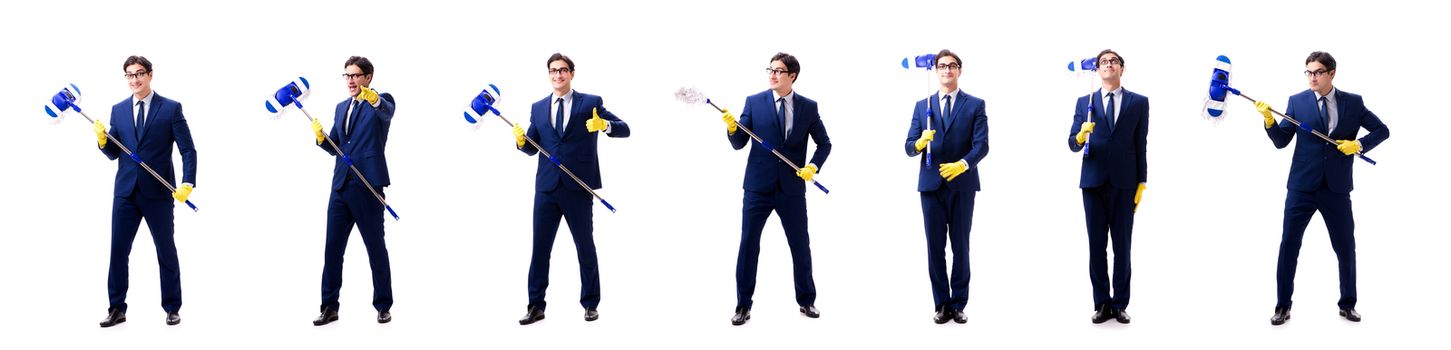 Young handsome businessman with mop isolated on white 