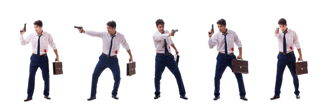 Businessman wounded in gun fight isolated on white